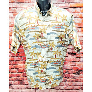 Woolrich Hawaiian Shirt Mens M Beige Palm Beach Print Short Sleeve Button Down